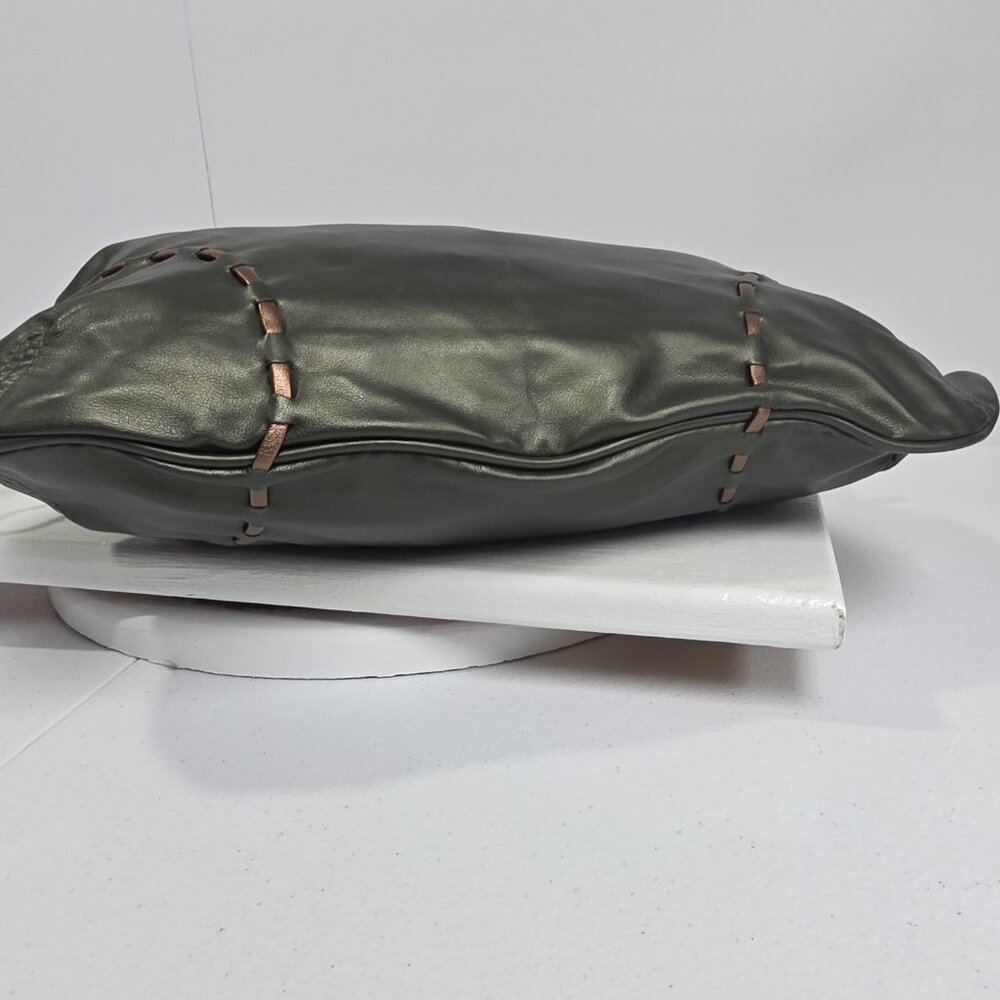 Faux Leather Shoulder Bag Womens Green Hobo Tote Purse Copper Stitching - Picture 5 of 9